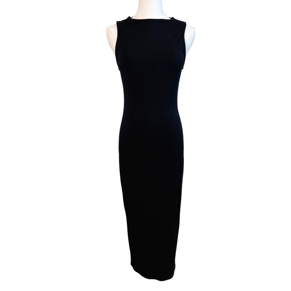 Black Bead Sleeveless Bodycon Midi Dress Black Boat Neck Stretch‎ Jersey XS